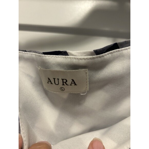 Aura Women's Size Large Navy Blue Gingham Peplum Summer One Shoulder Bow Top - Picture 2 of 5